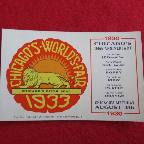 1933 Chicago World's Fair Century Of Progress Official Birth Seal Post Card Souvenir - Zodi Art