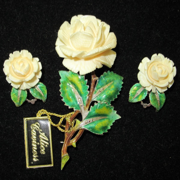 Original 1950's Signed Alice Caviness Floral Rose Brooch with Matching Earrings - Sterling Germany