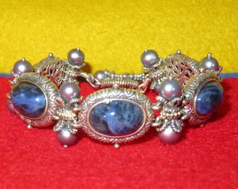 Designer Barbara Bixby Sterling Silver 18 Karat Gold Highlight Blue Sodalite & Pearl Toggle Clasp Link Bracelet