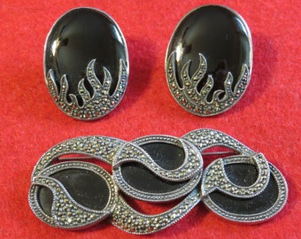 Retro 1980's Marcasite Black Cabochon Sterling Silver Brooch & Earring Set