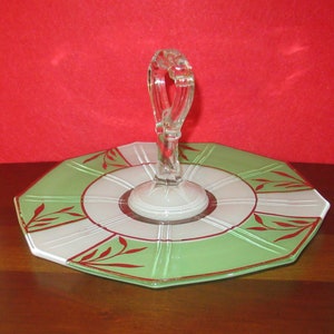 Art Deco 1930&#39;s Green, White & Silver Sandwich Plate Server With Handle - 9 Sided