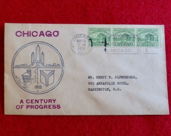 May include: A vintage envelope with a blue and white stamp featuring a stylized image of the Chicago skyline. The envelope is addressed to Mr. Henry W. Blumberg at the Annapolis Hotel in Washington, D.C. The envelope is postmarked May 25, 1933, and has a "A Century of Progress" inscription.