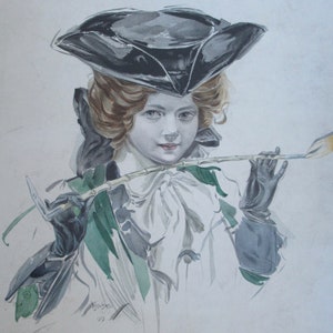 Adorable 1913 Hand Colored Colonial Boy Signed Knudsen - Beautiful Detail