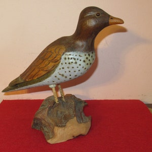 Vintage 1970&#39;s Spotted Sandpiper Hand Carved Wood Sculpture Signed Ken Shaffer Folk Art