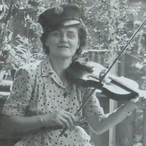 1940s Musician Woman with Violin: Vintage Snapshot Photograph
