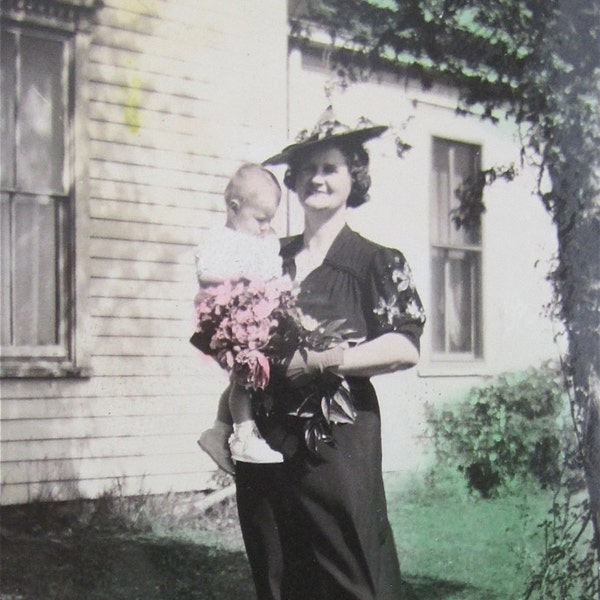 Aunt Sarah and the Baby Hand Tinted 1939 Snapshot Photograph - Free Shipping