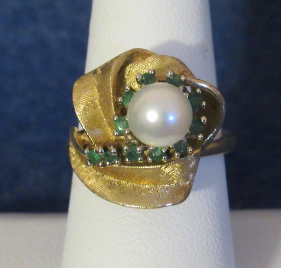 Exquisite Heavy 1950's Emerald & Pearl 14 Kt Yell… - image 6