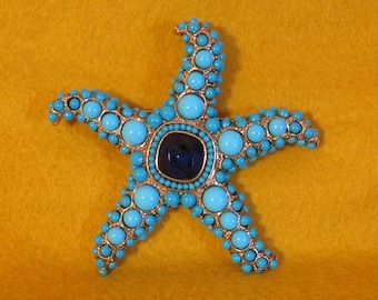 Beautiful Kenneth Jaytane KJL Designer Blue Turquoise Starfish Gold Tone Brooch Pin