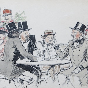 Original 1900&#39;s Pen & Ink Watercolor Drawing Signed GW - Wealthy French Cafe Bar Scene