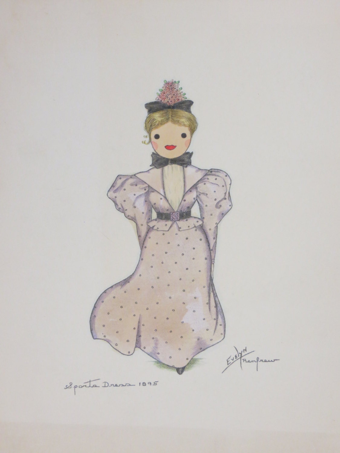 Vintage 1930's Federal Art Project Evelyn Renfrew Lithograph Sports Dress 1895 - Hand Tinted