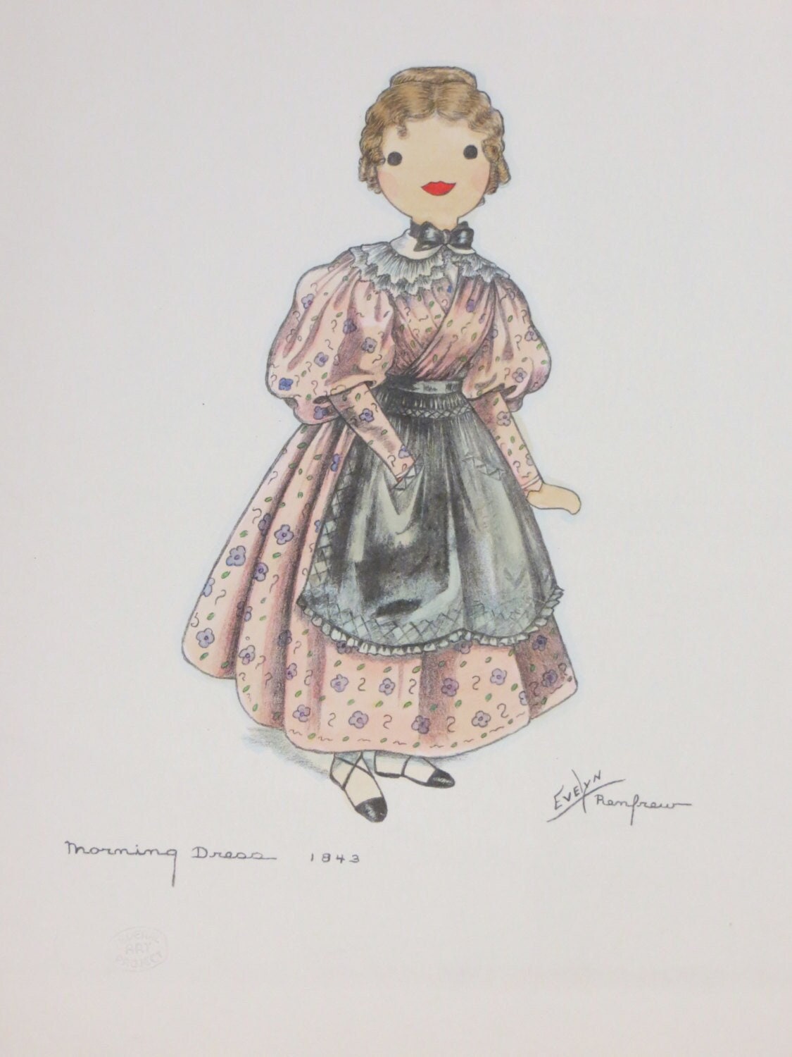 Vintage 1930's Federal Art Project Evelyn Renfrew Lithograph Morning Dress 1843 - Hand Tinted