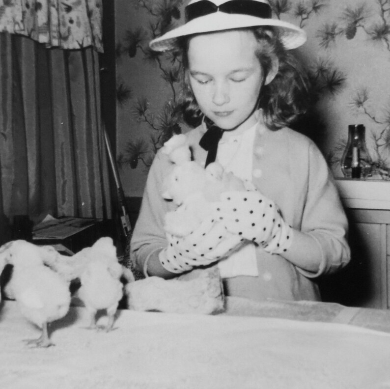 In Her Easter Bonnet 1950's Little Girl and Her Ducklings Snapshot Photo Free Shipping image 2