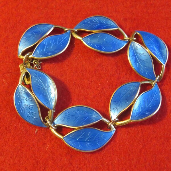 Mid Century 1970's David Anderson Norway Sterling Silver Enamel Blue Leaf Bracelet