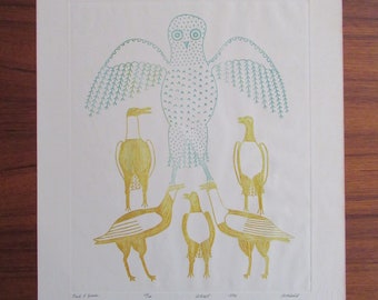 Owl & Geese - 1972 Jamasie Teevee 1910-1985 Inuit Printmaker - Signed