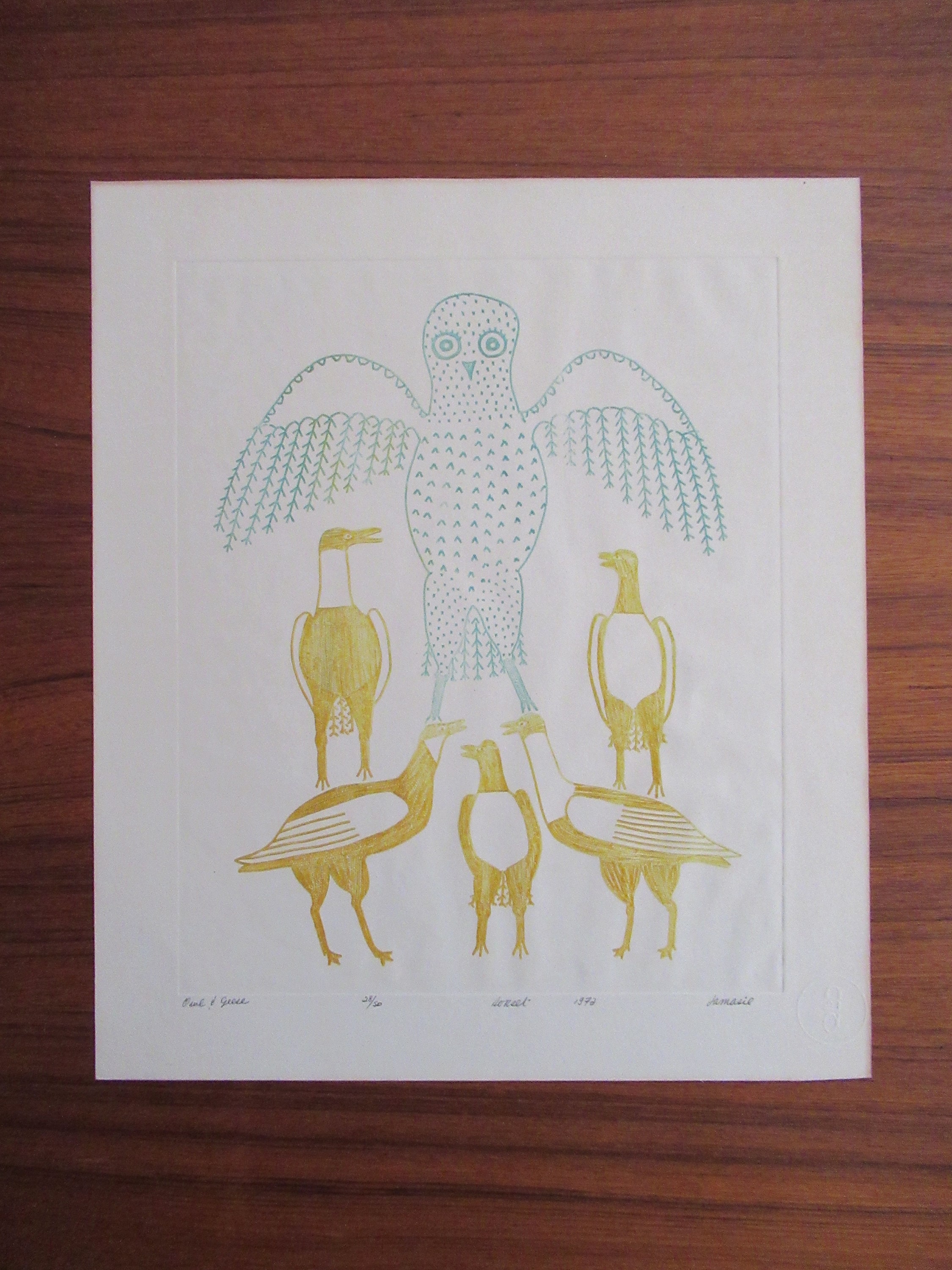 Owl & Geese - 1972 Jamasie Teevee 1910-1985 Inuit Printmaker - Signed