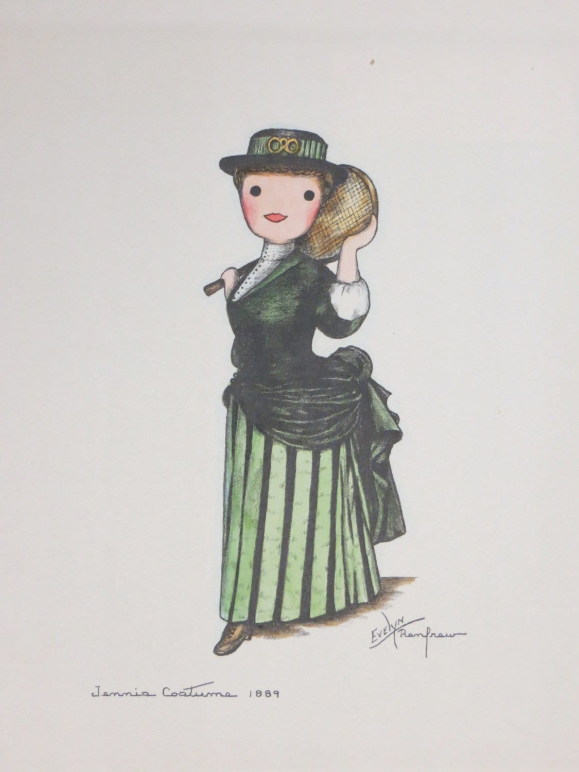 Vintage 1930's Federal Art Project Evelyn Renfrew Lithograph Tennis Costume 1889 - Hand Tinted