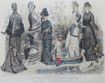 1879 Les Modes Parisiennes Peterson Magazine Swan and Cygnets Hand Colored Original Illustration - Free Shipping