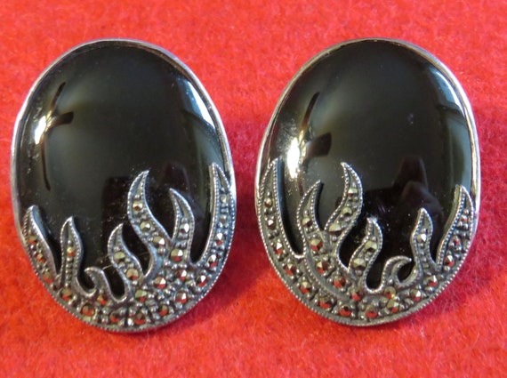 Retro 1980's Marcasite Black Cabochon Sterling Si… - image 3