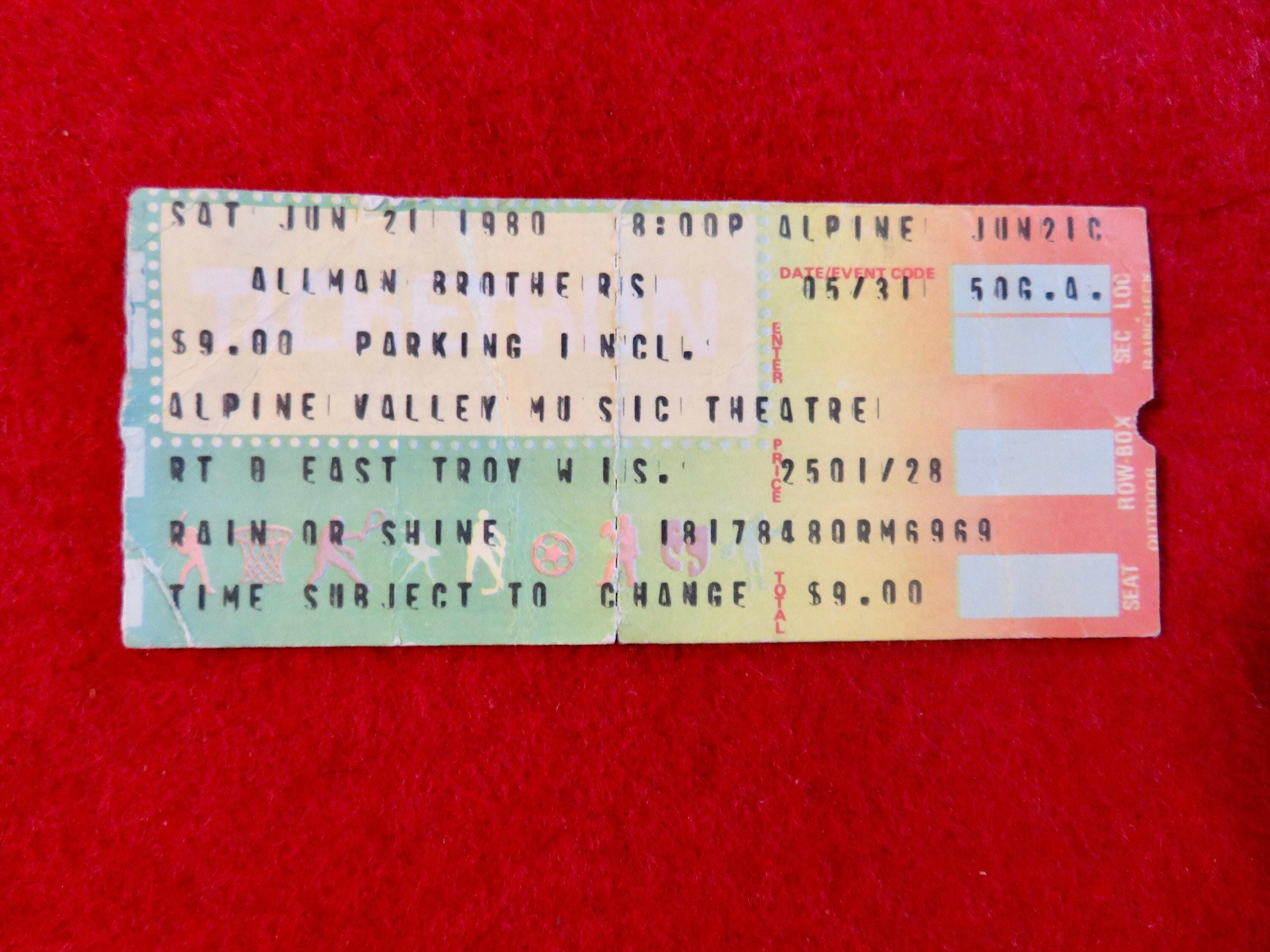 Original 1980 Allman Brothers Alpine Valley Concert Ticket Stub
