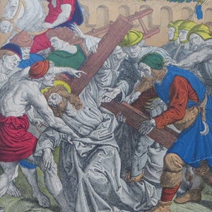 1886 Biblical Hand Colored Lithograph - Stations Of The Cross  #5 - Simon Aids Jesus - Free Shipping