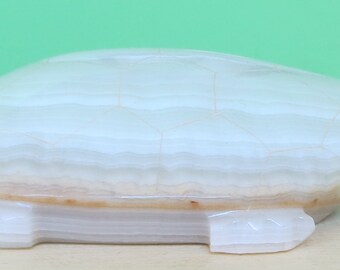 May include: White alabaster turtle figurine with brown stripes on the shell. The turtle is sitting on a white surface.