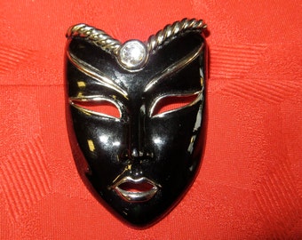 Stunning 1970's Jet Black Harlequin Mask Silver Tone Brooch Pin - Free Shipping