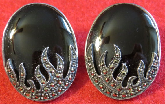 Retro 1980's Marcasite Black Cabochon Sterling Si… - image 6