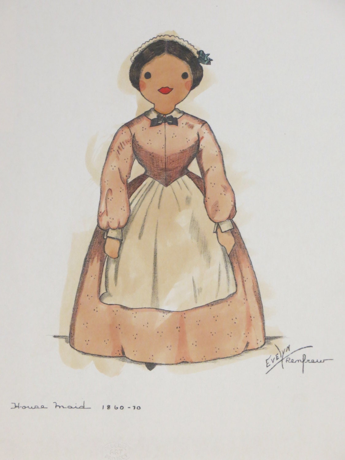 Vintage 1930's Federal Art Project Evelyn Renfrew Lithograph House Maid 1860-70 - Hand Tinted