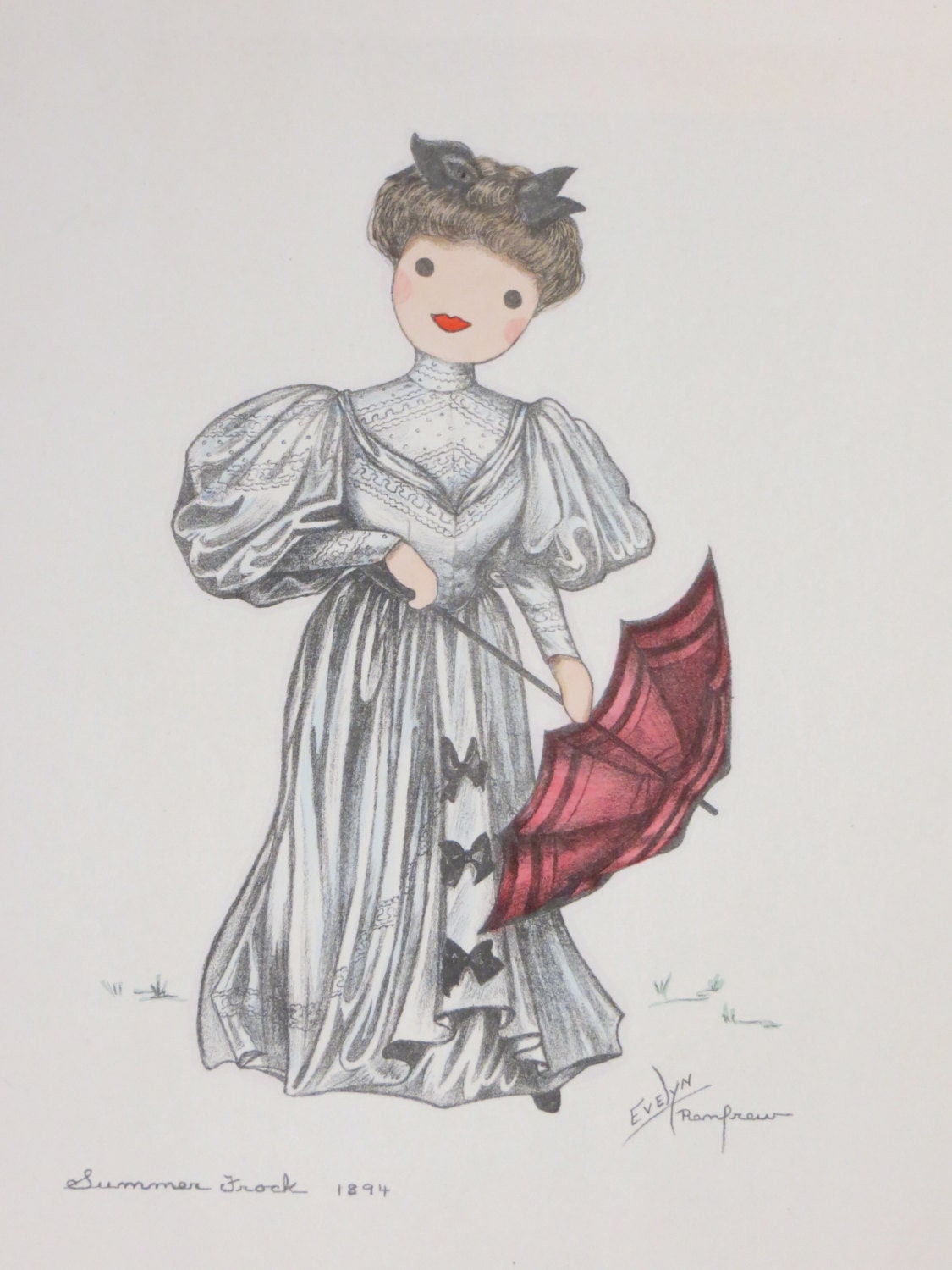 Vintage 1930's Federal Art Project Evelyn Renfrew Lithograph Summer Frock 1894 - Hand Tinted