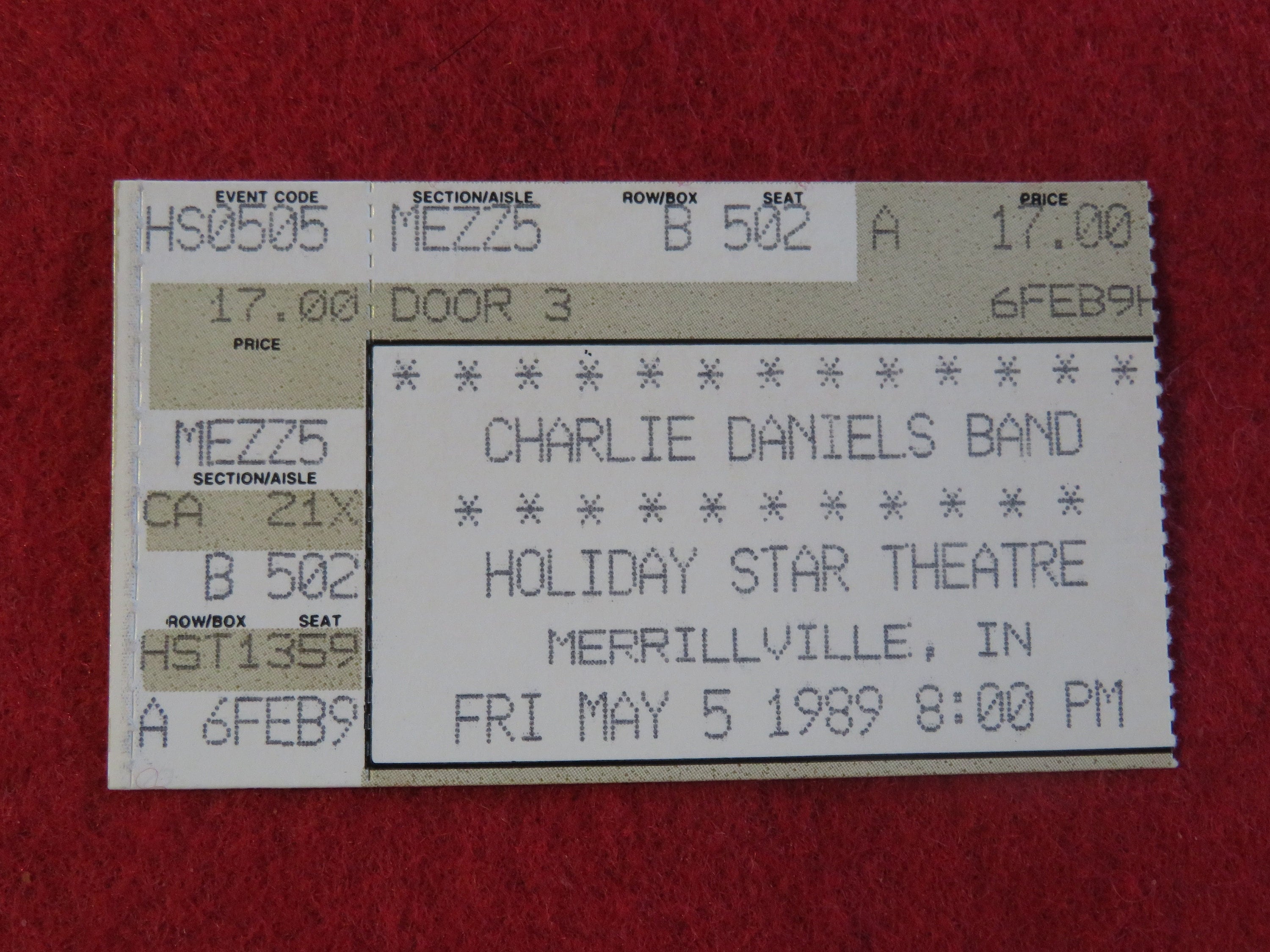 Original 1989 Charlie Daniels Band Merrillville Indiana Concert Ticket Stub