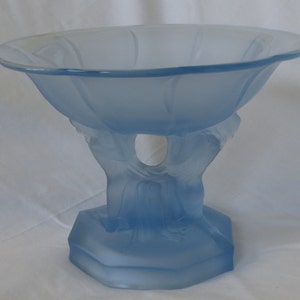 Stunning 1930&#39;s Walther & Sohne Glasgow Blue Frosted Art Deco Glass Molded 10&quot; Young Girls Pedestal Bowl