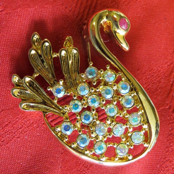 Original 1980's JJ Gold Tone Swan Rhinestone Pin Brooch - Free Shipping