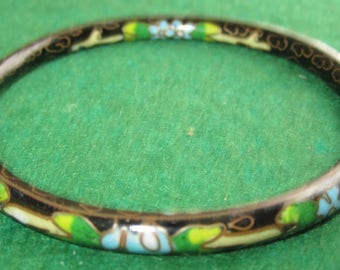 Vintage Chinese Cloisonne Bangle Bracelet Black Enamel Floral Bangle Oriental Bracelet - Free Shipping