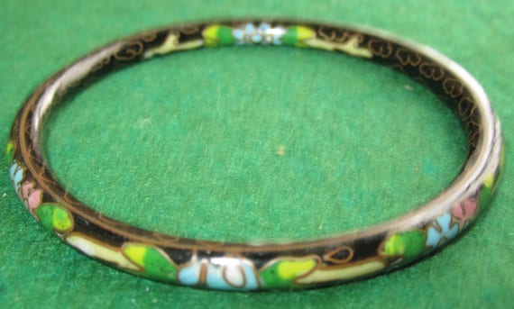 Vintage Chinese Cloisonne Bangle Bracelet Black E… - image 1