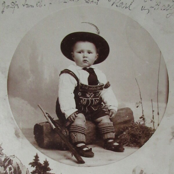 Adorable 1902 German Baby Alps Hunter In Leiderhose RPPC Real Photo Postcard