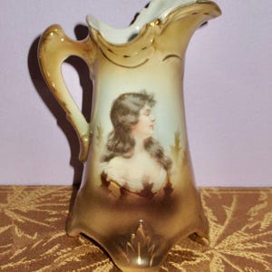 Antique Victorian Woman Portrait Porcelain Ewer Pitcher