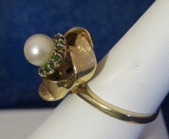 Exquisite Heavy 1950's Emerald & Pearl 14 Kt Yell… - image 5