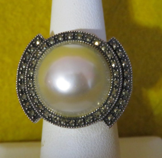 Awesome 1980's Marcasite With Faux Pearl Sterling… - image 5