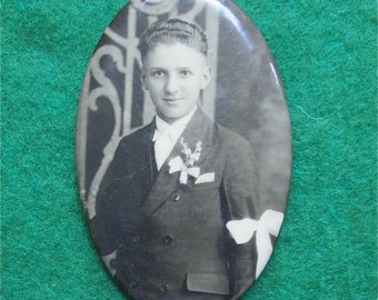 Vintage 1920's Celluloid Photo First Communion Remembrance Pocket Mirror - Young Boy - Free Shipping