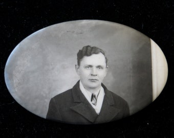 Vintage 1920's Celluloid Photo Remembrance Pocket Mirror - Handsome Young Father - Free Shipping