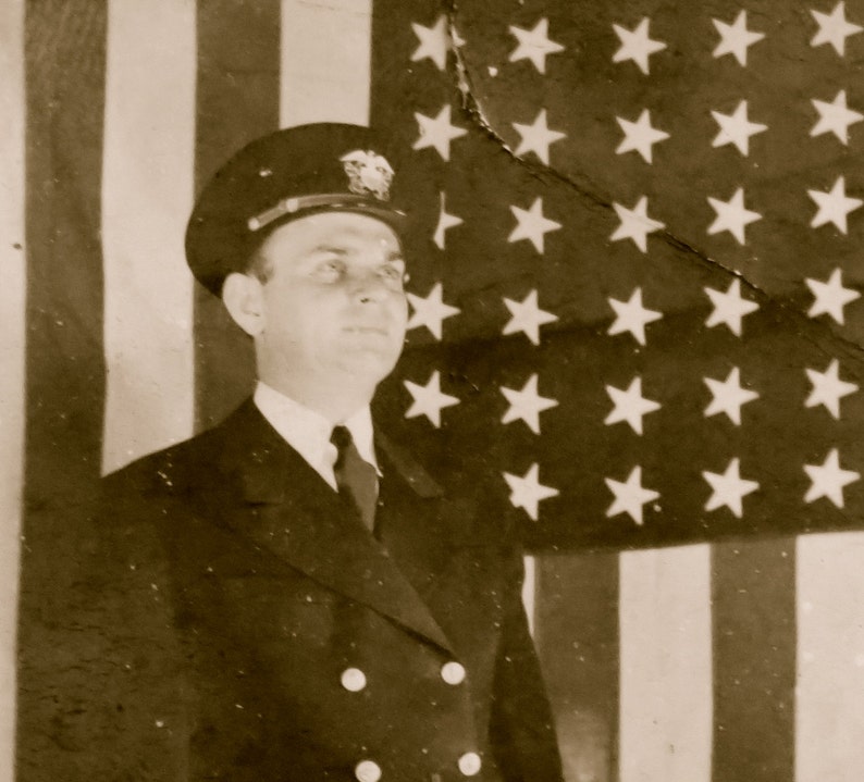 1920's Patriotic Captain In Uniform With Flag Snapshot Photo Free Shipping image 1