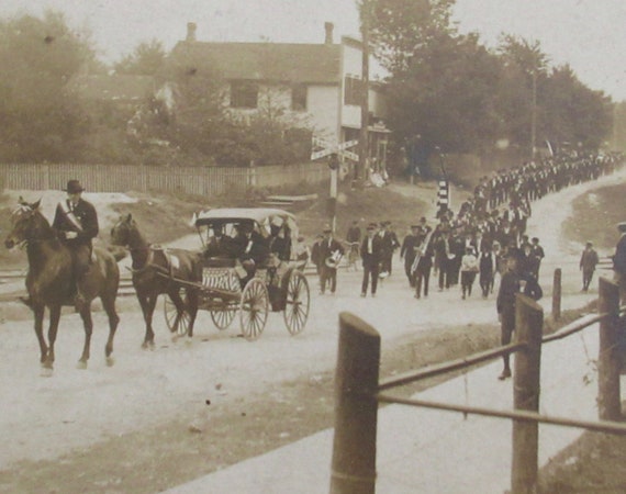 USA RPPC photo patriotic postcard children pony-drawn cart early 1900s USA RPPC photo patriotic postcard children pony-drawn cart early 1900s