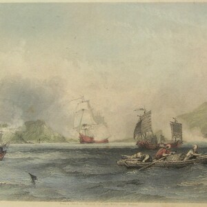 1845 Hand Colored Engraving China Naval Battle - HM Ships Imogene and Andromache Boca Tigris - Free Shipping