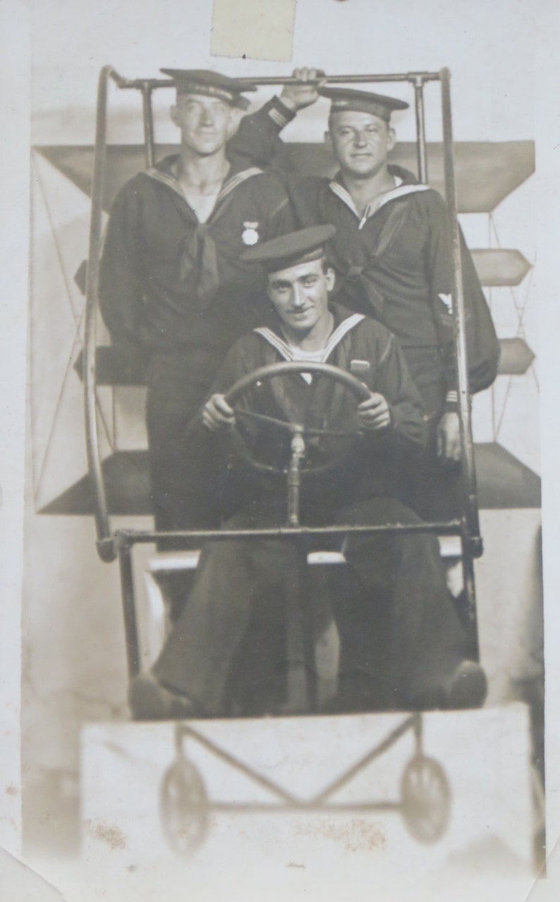 Humorous 1910's WW I American Sailors In Carnival Airplane RPPC Real Photo Postcard image 1