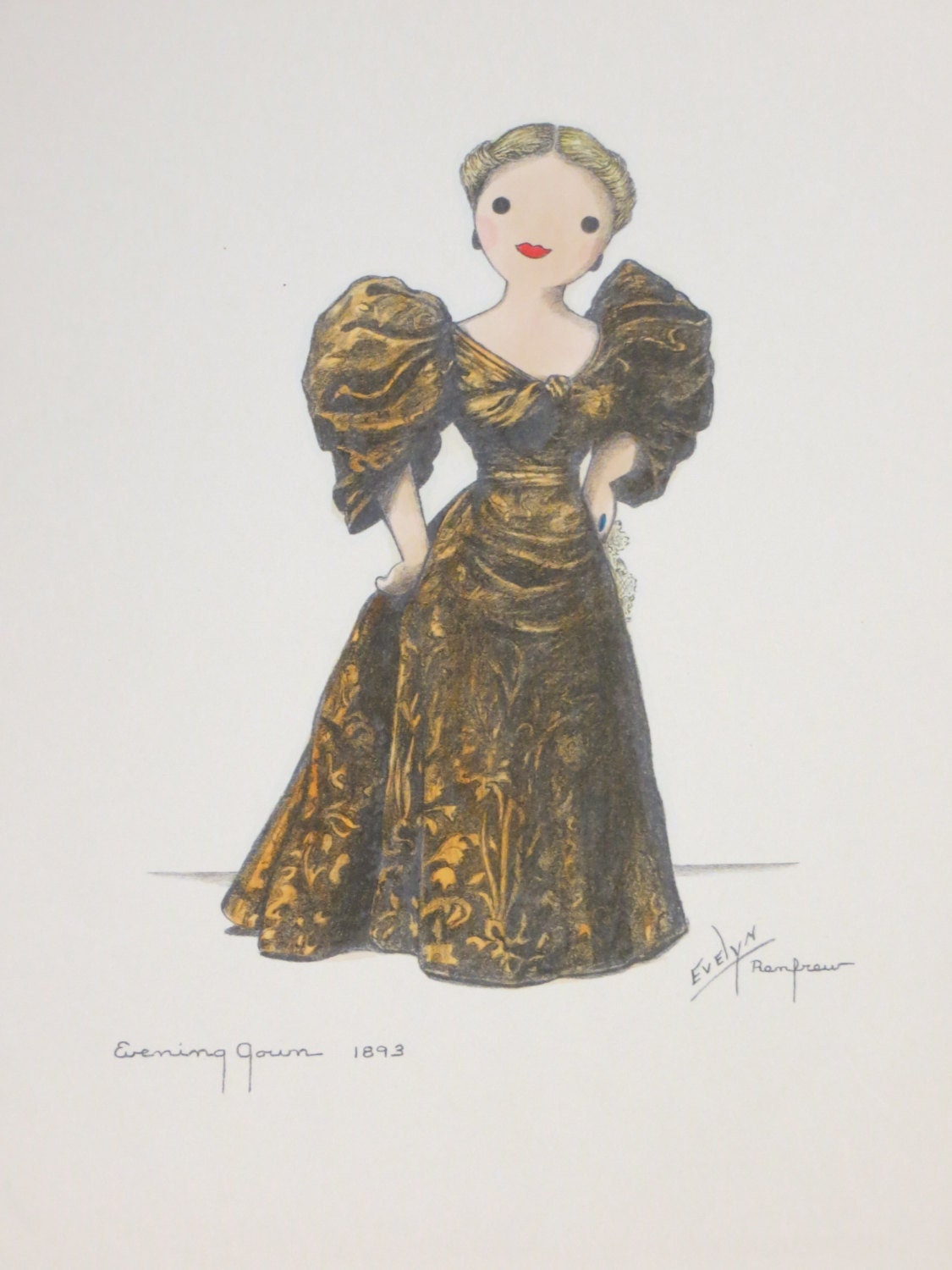 Vintage 1930's Federal Art Project Evelyn Renfrew Lithograph Evening Gown 1893 - Hand Tinted