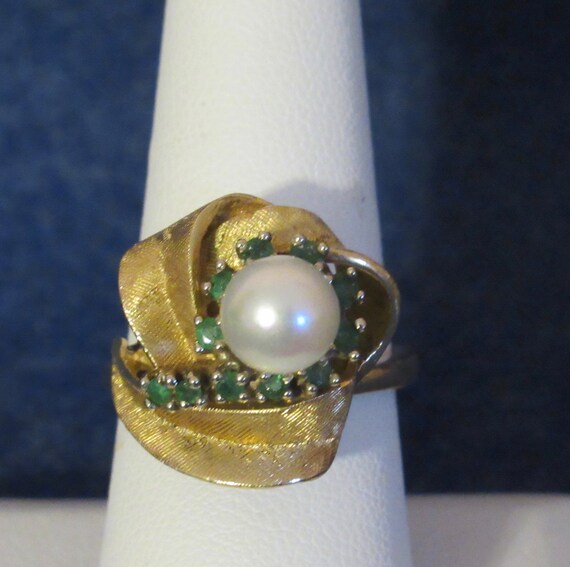 Exquisite Heavy 1950's Emerald & Pearl 14 Kt Yell… - image 8