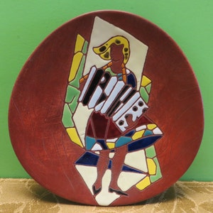 1950&#39;s Mid Century Jerusalem Jewish Judaica Plate Wall Hanging Signed Keramos - Musician #444
