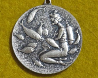 1940 World's Fair Souvenir Medal Pendant: Scuba Diver & Fish