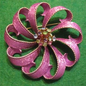 Stunning 1960&#39;s Purple Ribbon Pin With Multi Colored Rhinestones Brooch - Free Shipping