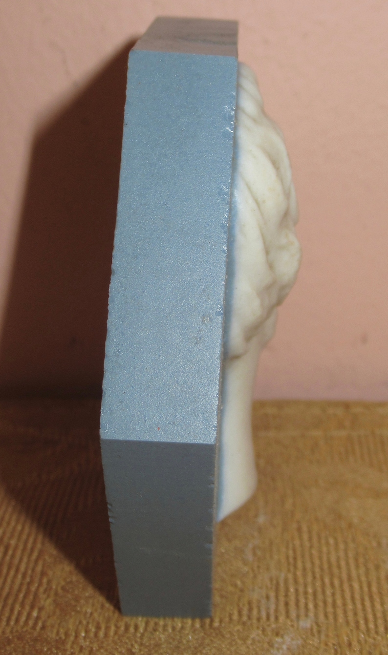 May include: A white plaster bust of a person with a detailed hairstyle. The bust is mounted on a blue rectangular base.